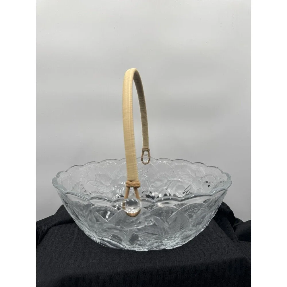 Large Vintage Glass Fruit Basket/Bowl, Clear, Embossed Poinsettia, Rattan Handle